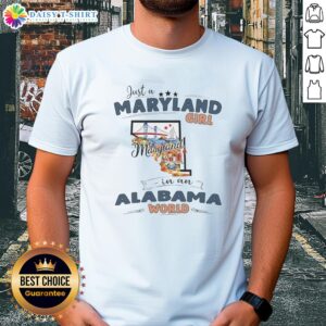 Awesome Maryland girl in Alabama world state map outline t-shirt design showcasing state pride and unique style.