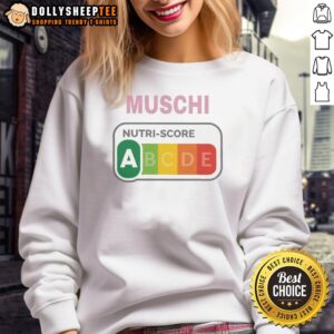 Alt Text: Official Muschi Nutri Score sweatshirt showcasing the European food nutrition rating system in a stylish design.