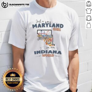 Maryland girl in an Indiana world T-shirt with state map outline design, perfect for proud state-themed apparel.