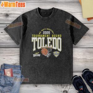 Alt Text: Premium Toledo Rockets Men's Basketball MAC 2026 Tournament Bound Washed T-Shirt featuring team logo and vibrant colors.