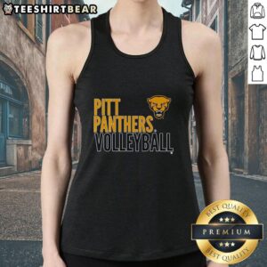 Alt Text: Top Pitt Panthers Volleyball logo overlay tank top in navy blue, perfect for fans and athletes.