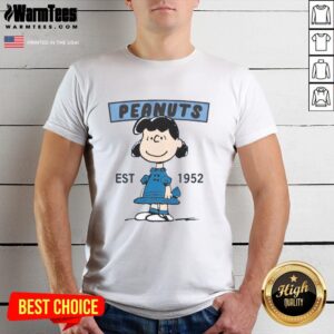 Cute Peanuts Lucy Smile Est 1952 T-Shirt featuring Lucy's cheerful face and vibrant design, perfect for Peanuts fans.