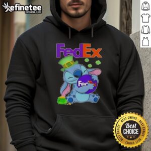 Alt Text: Cute Stitch hugging FedEx logo on a St. Patrick's Day hoodie, perfect for festive celebrations and cozy style.
