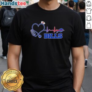 Official Buffalo Bills NFL Heartbeat Nurse Football Lover T-Shirt featuring team colors and heartbeat design for fans.