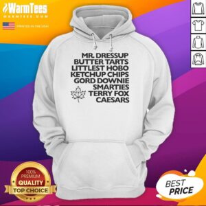 Nice Mr. Dressup butter tarts, Littlest Hobo ketchup chips, Gord Downie Smarties, Terry Fox Caesar hoodie display.