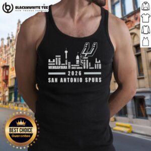 Original San Antonio Spurs NBA 2026 tank top featuring player names and city skyline design, perfect for fans.