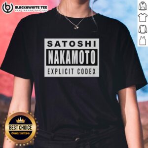 Nice Satoshi Nakamoto Explicit Codex Ladies Tee featuring a stylish design for crypto enthusiasts.