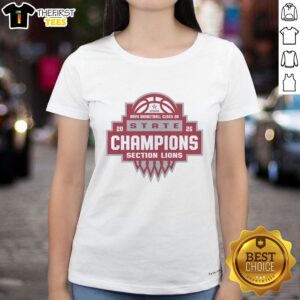 Alt Text: Top Section of Lions AHSAA Boys Basketball Class 2A State Champions 2026 Ladies Tee, featuring team logo and colors.