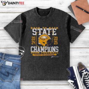 Hot Avon Football Back-to-Back State Champs washed t-shirt featuring team colors and logo, perfect for fans.
