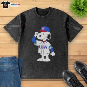 Alt Text: Nice Snoopy USA Baseball Jersey Salute Graphic on a Washed T-Shirt, perfect for sports fans and casual wear.