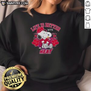 Alt Text: Snoopy wearing a Miami Heat logo sweatshirt with Life Is Better With Heat text, perfect for basketball fans.