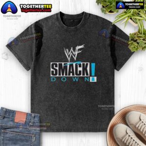 Pretty WWF Smackdown professional wrestling logo on a washed t-shirt, showcasing vibrant colors and bold design.