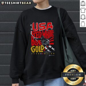 Top USA Hockey red, white, blue, and gold sweatshirt for 2026 Milan, showcasing patriotic design and team spirit.