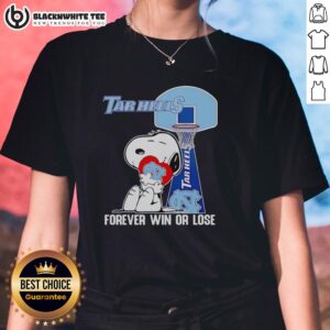 Good Snoopy holding a heart for North Carolina Tar Heels, forever win or lose, on a ladies tee shirt design.