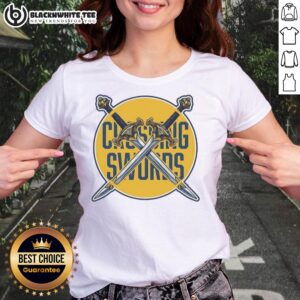 Hot-Crossing-Swords Podcast logo on a stylish ladies tee, featuring vibrant colors and bold design.