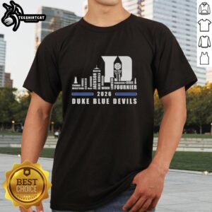 Alt Text: Premium 2026 Duke Blue Devils Basketball T-Shirt featuring city skyline and all player names for fans.