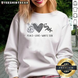 Alt Text: Awesome Chicago White Sox sweatshirt featuring peace, love, and heart-shaped hand sign with team logo.
