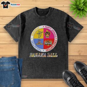 Alt Text: Original Bananas Ball logo on a washed t-shirt featuring party animals and firefighters design for tailgaters.