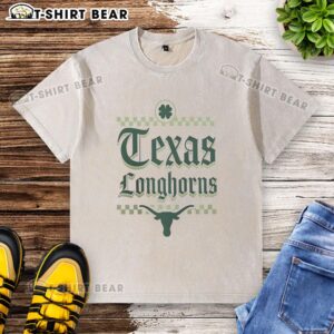 Nice Texas Longhorns St. Patrick's Day washed t-shirt featuring vibrant green design and festive graphics.
