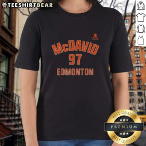 Alt Text: Ladies tee featuring Connor McDavid 97, Edmonton Oilers name and number shirt, perfect for hockey fans.
