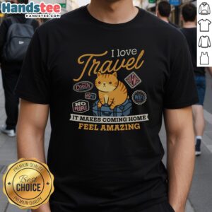 Stylish 'I Love Travel' t-shirt design, perfect for travelers who cherish the joy of returning home.