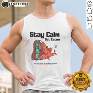 Alt Text: Funny Stay Calm Get Eaten Diver Tank Top featuring humorous quote about surviving bad decisions in style.