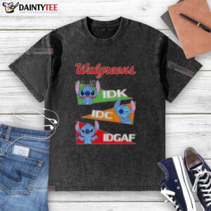 Alt Text: Cute Stitch X Walgreens Mood 'I Don't Care' T-Shirt in washed design, perfect for casual style and Disney fans.