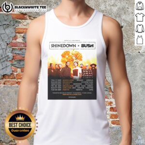 Top Shinedown X Bush Dance Kid Tour Australia 2026 poster on a tank top, showcasing vibrant colors and event details.