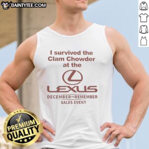 Person wearing 'I Survived the Clam Chowder' tank top at a Lexus event, smiling and enjoying the atmosphere.