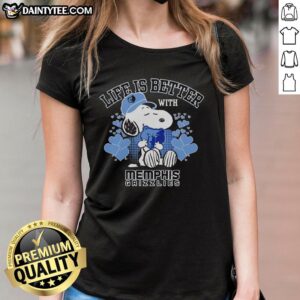 Snoopy holding the Memphis Grizzlies logo on a 'Life Is Better With Memphis Grizzlies' ladies tee, perfect for fans.