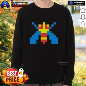 Top Galaga alien sprite video game pixel style sweatshirt featuring retro game graphics and vibrant colors.