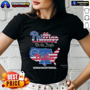Alt Text: Top Philadelphia Phillies We The People Semiquincentennial Ladies Tee featuring patriotic design and team logo.