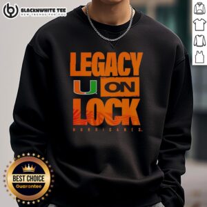 Alt Text: Original Miami Hurricanes NCAA 2026 Legacy On Lock logo sweatshirt, featuring vibrant team colors and a stylish design.