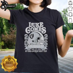 Premium Luke Combs Las Vegas 2026 Tour merch featuring a Raiders helmet ladies tee at Allegiant Stadium.