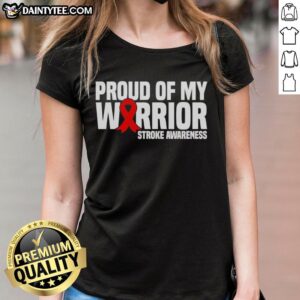 Hot Proud of My Warrior Red Ribbon Stroke Awareness Ladies Tee showcasing a stylish design for raising awareness.