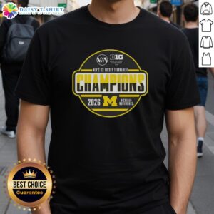 Original Michigan Wolverines 2026 Big Ten Men's Ice Hockey Tournament Champions T-Shirt in maize and blue design.