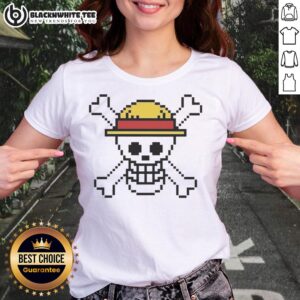 Jolly Roger design on an Awesome Pixel One Piece ladies tee, featuring vibrant colors and a stylish fit for fans.