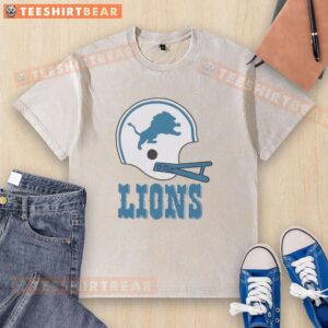 Awesome Detroit Lions football logo on a big helmet printed on a washed t-shirt, perfect for fans and casual wear.