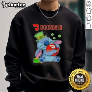 Alt Text: Cute Stitch hugging DoorDash logo on a St. Patrick's Day sweatshirt, perfect for festive delivery celebrations.