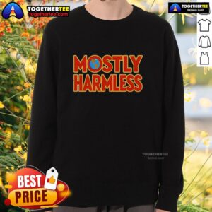 Cozy sweatshirt featuring 'Mostly Harmless' from Douglas Adams' Hitchhiker's Guide to the Galaxy series, 1992.