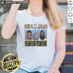 Alt Text: Hot NBA Jam Cavs Mitchell and Harden ladies tee featuring vibrant graphics and stylish design for basketball fans.