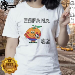 Alt Text: Hot Spain 82 Naranjit FIFA World Cup 1982 mascot ladies tee, featuring vibrant colors and iconic design for fans.