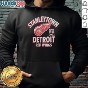 Alt Text: Official Stanleytown Detroit Red Wings hoodie from 1997-1998-2002, showcasing team colors and logo design.