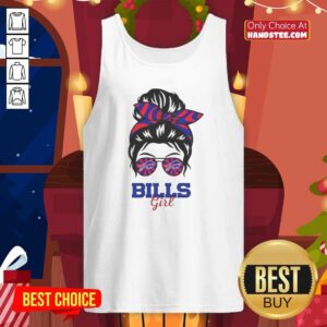 Official Buffalo Bills Girl in a messy bun and glasses wearing a stylish tank top, showcasing team spirit and fashion.