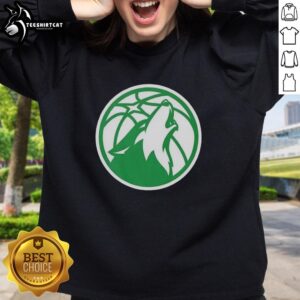 Alt Text: Top Minnesota Timberwolves white logo sweatshirt for St. Patrick's Day featuring a festive design.