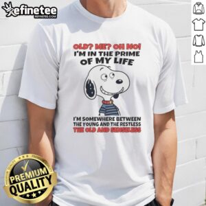 Alt Text: Original Snoopy t-shirt featuring 'Oh No, I'm in the Prime of My Life' quote, blending youth and nostalgia.