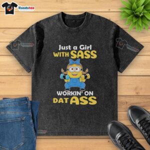 Alt Text: Premium Minion weightlifting t-shirt featuring Just a Girl with Sass design, perfect for fitness enthusiasts and fans.
