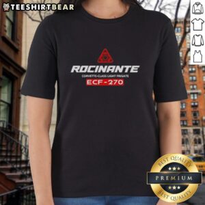 Alt Text: Womens tee featuring the Top Rocinante Legacy Corvette Class Light Frigate ECF-270 design in vibrant colors.