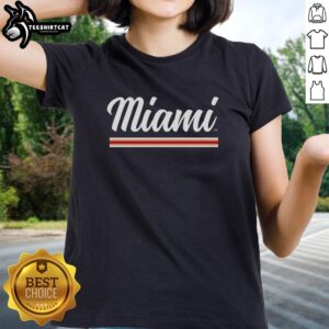 Original Miami Redhawks Cradle of Coaches script logo on a women's tee shirt, showcasing team pride.