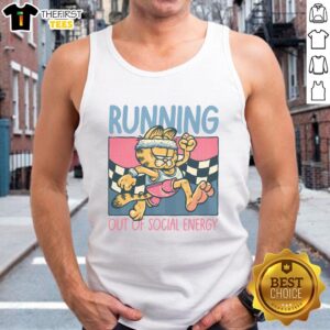 Garfield running out of social energy on a tank top, featuring a humorous design perfect for introverts and cat lovers.
